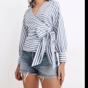 *Madewell  Blue & White Striped True Wrap Cuffed Long Sleeve Blouse #Gr